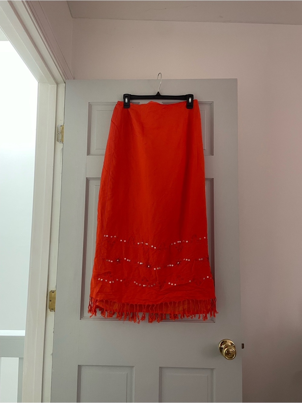Bright Orange Fringe Midi Skirt with Sequin Detail